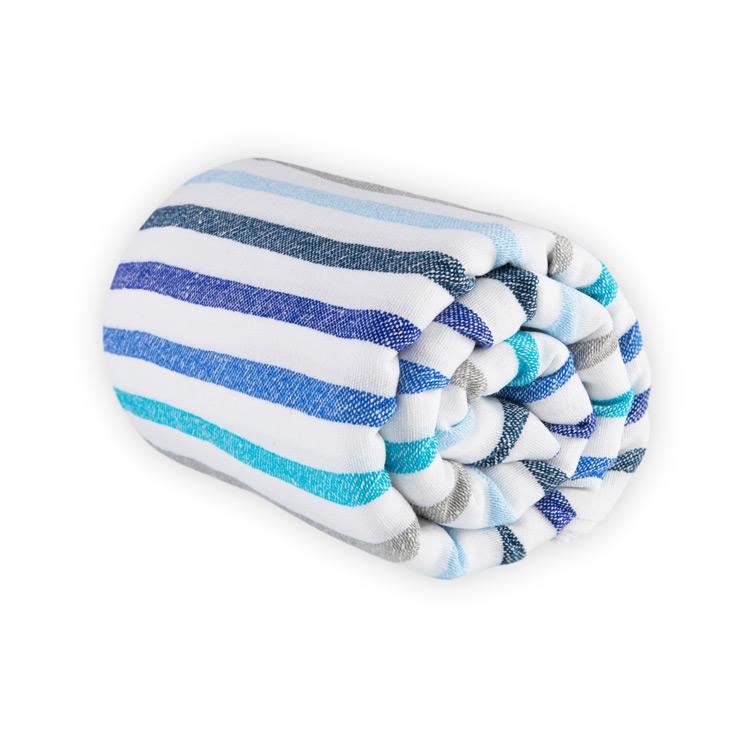 blue, grey and white large beach blanket perfil